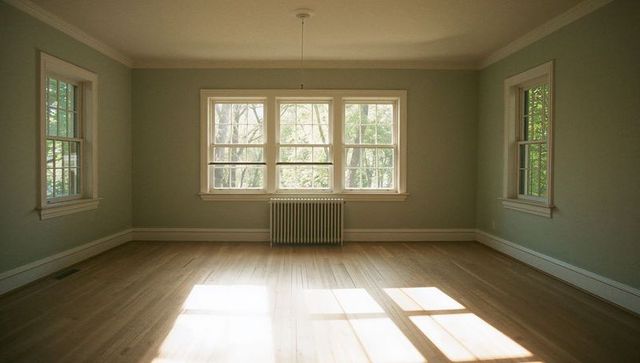 Sunlight through three-panel sash windows over cast-iron radiator in serene green room