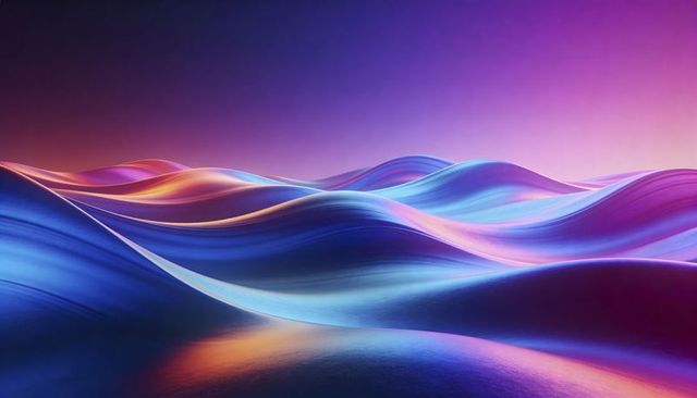 Iridescent flowing waves forming glossy reflective landscape under neon soft gradient sky