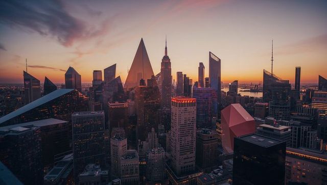 Breathtaking sunset over urban cityscape with glass pyramid tower