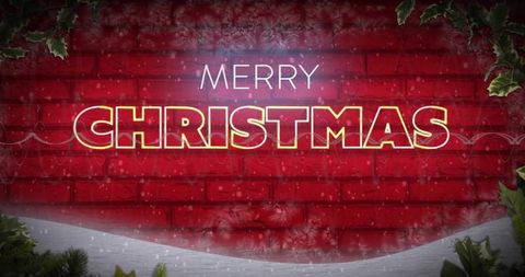 Glowing Merry Christmas Neon Sign on Red Brick Wall with Falling Snow and Holly Accents
