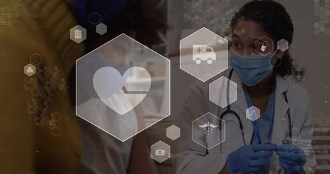 Healthcare professional preparing vaccine with medical icons overlay