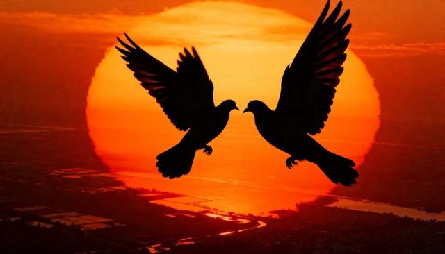 Soaring silhouetted dove pair meeting over fiery sunset sun with winding river below