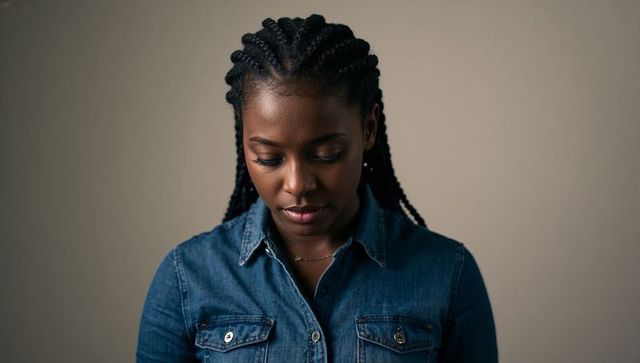 Introspective woman looking down with cornrows wearing denim shirt and delicate chain