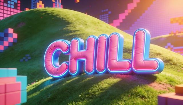 Neon inflatable chill typography on grassy hill with retro pixel blocks and pastel glow