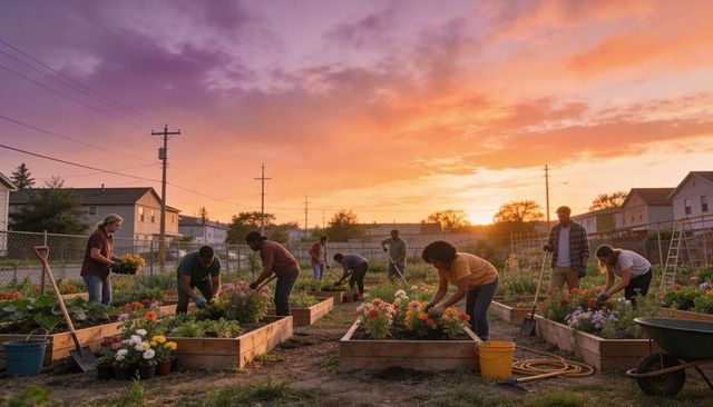 Community gardeners planting colorful flowers in raised beds during dramatic sunset glow