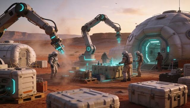 Mars outpost crew conducting robotic arm maintenance at dusk on red planet research base