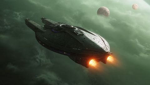 Futuristic Starship Gliding Through Green Atmosphere With Glowing Thrusters and Twin Moons