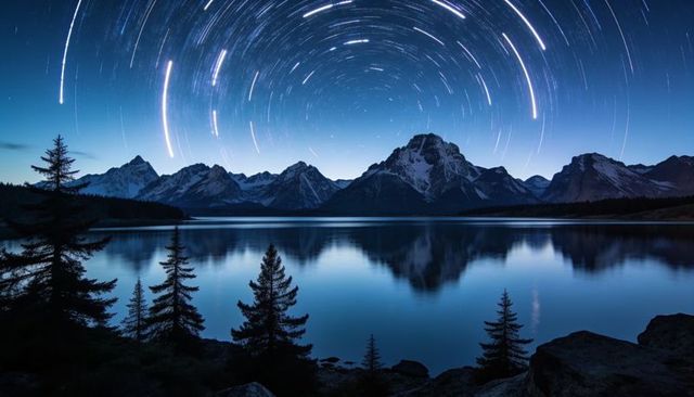 Star trail circle above snowy mountain reflecting in calm alpine lake during blue hour