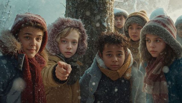 Children on Winter Adventure in Snowy Woodland Exploration