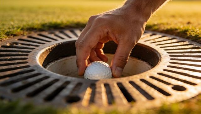 Retrieving golf ball from cup with metal rim on putting green at golden hour