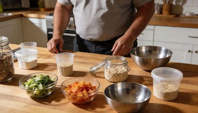 Male hands arranging oats and chopped vegetables on wooden countertop in home kitchen