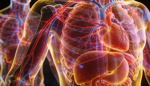 Translucent human torso showing glowing organs and blood vessels for medical education