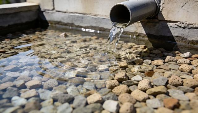Flowing water from metal pipe creating concentric ripples over sunlit pebble basin