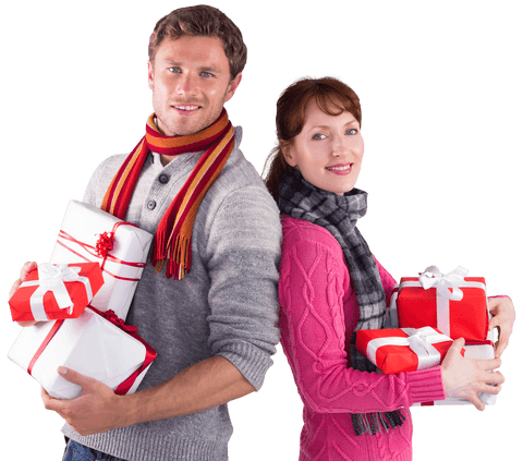 Happy Couple Holding Multiple Christmas Gifts on Transparent Background