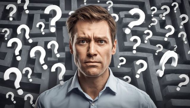 Perplexed man facing 3d maze with floating question marks