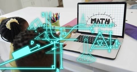 Children studying with ar math on laptop, holographic geometry and collaborative learning