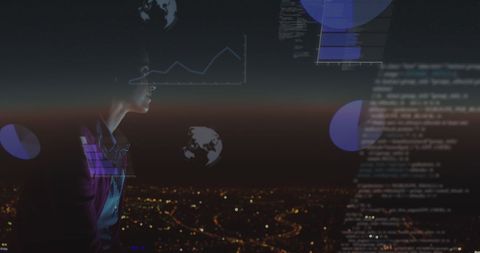 Woman Analyzing Data with Digital Interface Over Cityscape - Download Free Stock Images Pikwizard.com