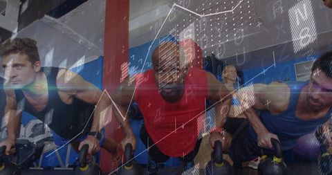 Group doing kettlebell plank push-ups with digital data overlay for performance training