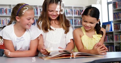 Children enjoying storytime in library with digital overlay