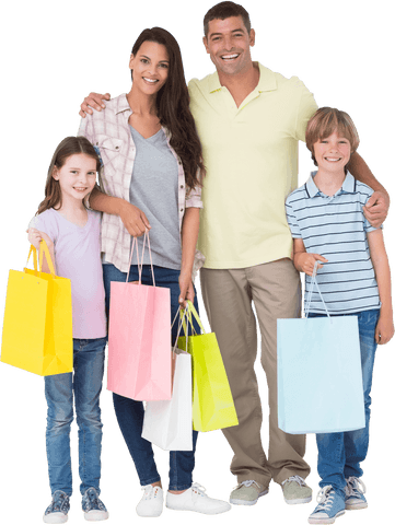 Cheerful Family with Shopping Bags, Transparent Background