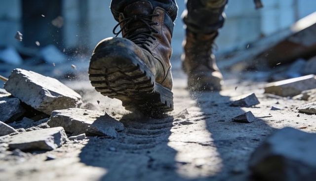 Worn work boot stepping through dusty rubble leaving deep tread imprint on cracked concrete