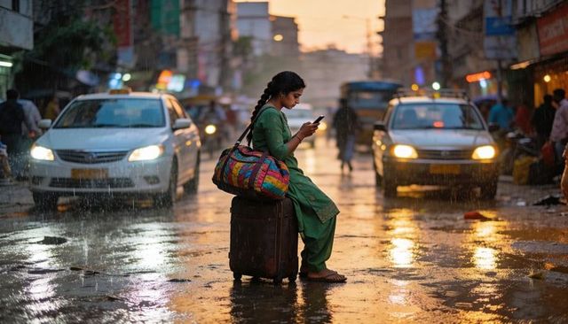 Woman in green kurta checking phone on suitcase in rainy urban street at dusk