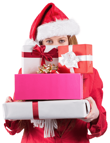 Redhead in Santa Hat Joyfully Holding Christmas Gifts Transparent