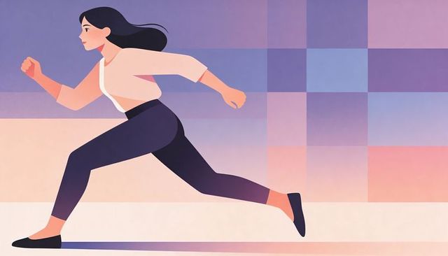 Woman sprinting in pastel gradient studio conveying movement, energy and modern fitness