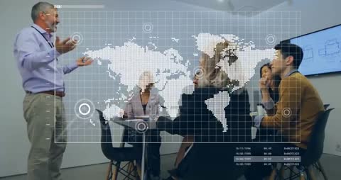 Business Meeting with Digital World Map Presentation
