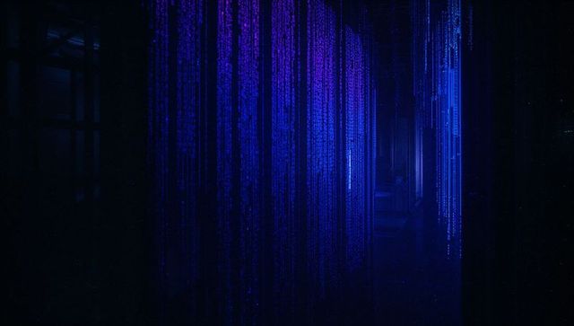 Futuristic code patterns illuminating dark gallery space
