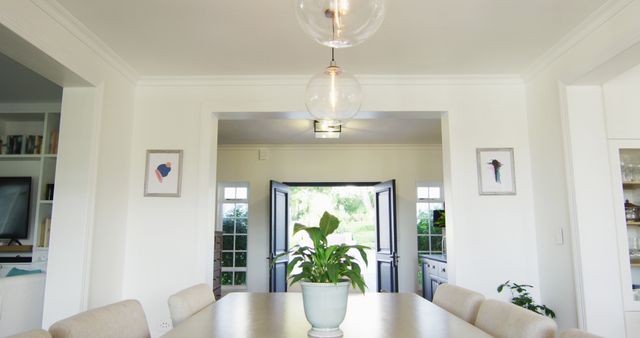Modern dining room featuring elegant lighting and open French doors leading to a bright exterior. A potted plant is centered on the table, enhancing the room's fresh and minimalistic vibe. Ideal for articles or advertisements on interior design, home decor, and contemporary living spaces.