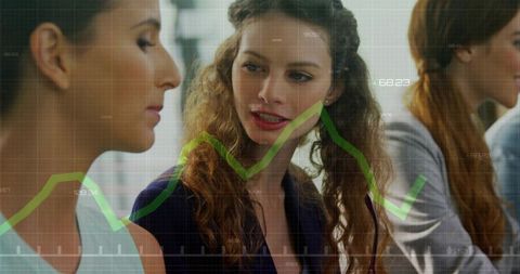 Women collaborating on data-driven strategy with green analytics chart overlay