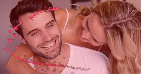 Couple Embracing with Hearts Embellishment for Valentine's Day