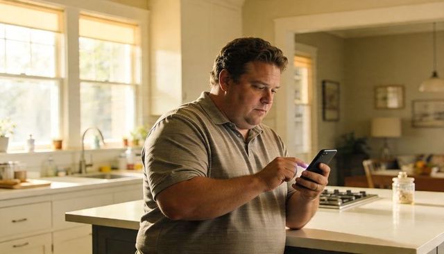 Man Leaning on Kitchen Island Checking Smartphone in Sunlit Calm Modern Open-Plan Kitchen