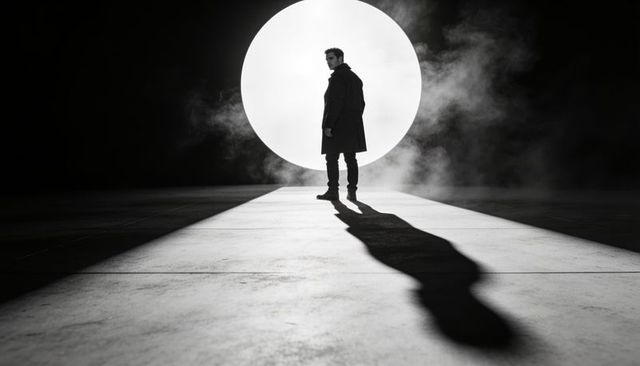 Solitary man standing against dramatic circular backlight casting long shadow on stage