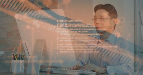 Senior man typing with digital code overlap in modern office