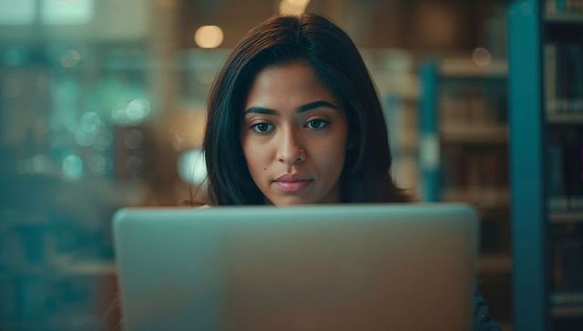 Focused Woman Studying on Laptop in Library with Warm Lighting