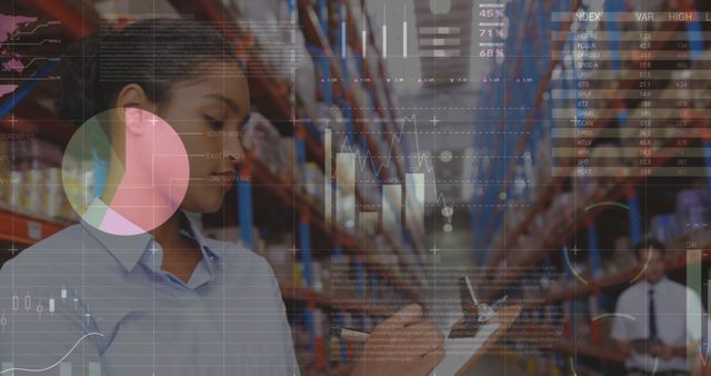 Businesswoman analyzing data in a warehouse environment with overlaid augmented reality charts. Useful for illustrating concepts of inventory management, supply chain logistics, modern technology application in business, data analysis, and enterprise resource planning.