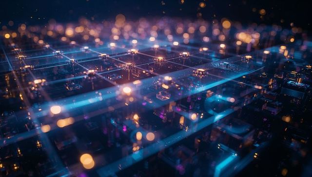 Futuristic network plane with glowing grid and nodes