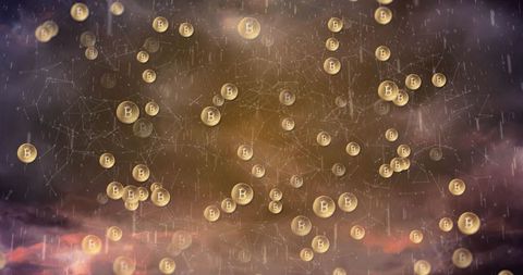 Bitcoin coins float in stormy sky with digital network nodes
