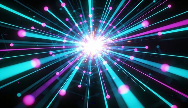 Neon digital burst emitting cyan and magenta radial beams with glowing bokeh network