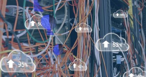 Cloud upload progress overlaying server rack with messy cabling and fiber patch panels