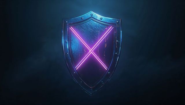 Metallic Shield with Neon Magenta X in Dark Futuristic Style
