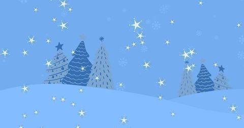 Christmas Trees with Falling Snow and Stars on Winter Landscape