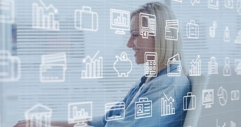 Digital Business Icons Overlap Woman Working on Laptop