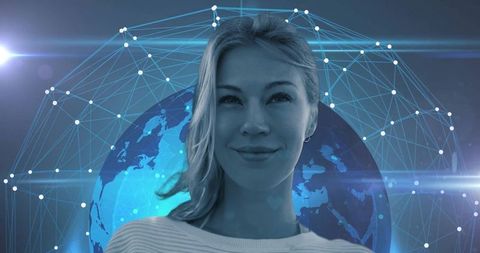 Confident woman embracing global connectivity and innovation
