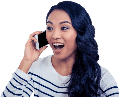 Surprised woman on phone transparent background