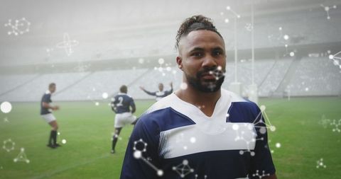 Rugby players at stadium with chemical structure overlay