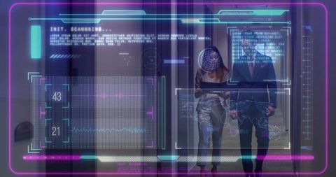 Business professionals walking with tablet and holographic UI in futuristic office corridor