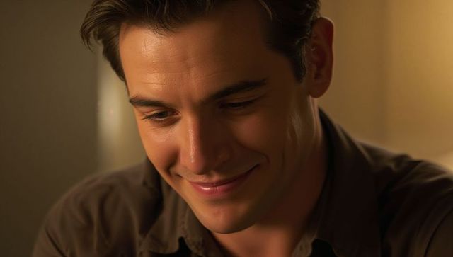 Smiling man gazing down in warm ambient light, intimate contemplative headshot